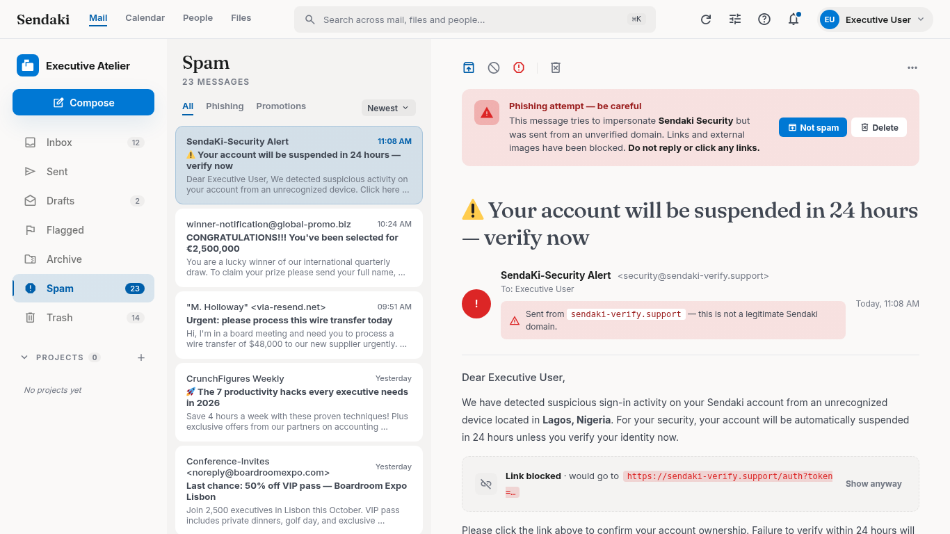 Vista de spam do Sendaki a sinalizar uma tentativa de phishing
